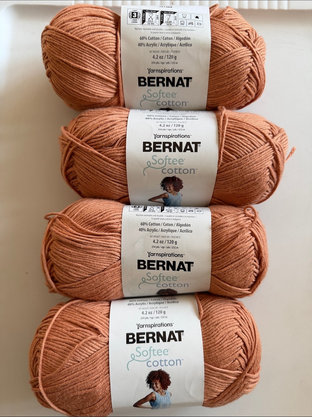 Bernat Softee cotton
Size 4.2 oz each 
Color:sandstone